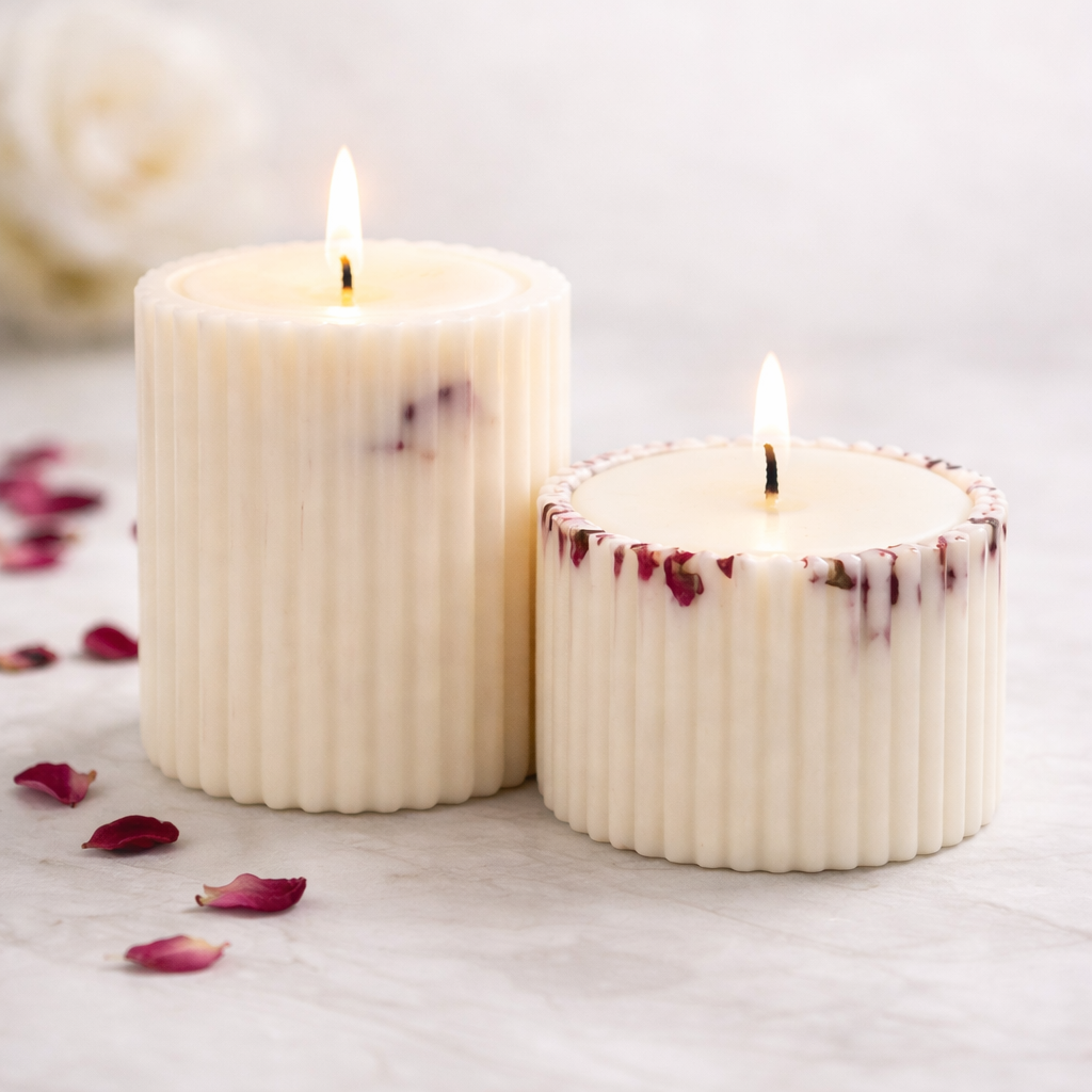 Two lit ribbed candles, one with rose petals, unique birthday gift.