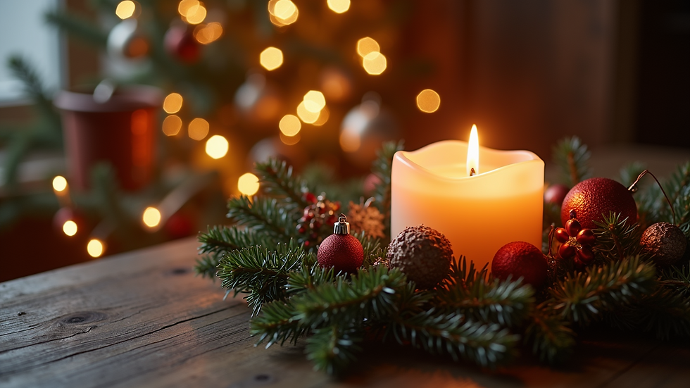 Close-up view of a beautifully lit candle surrounded by festive decorations