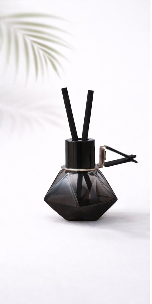 Dark geometric car diffuser with black reeds on white background, leaf shadow.