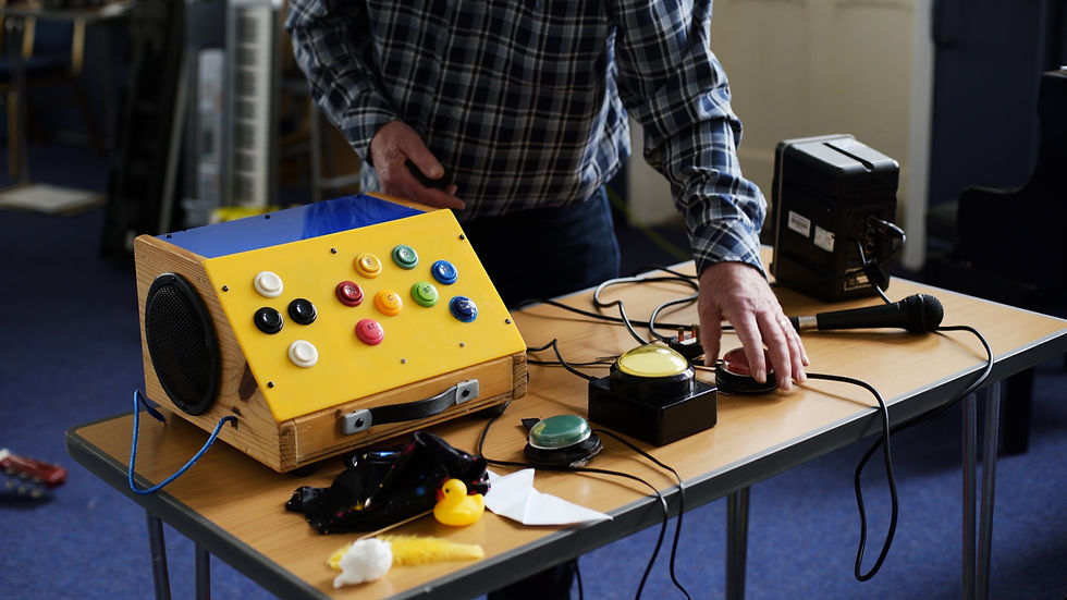 A yellow box with buttons on it connected to speakers