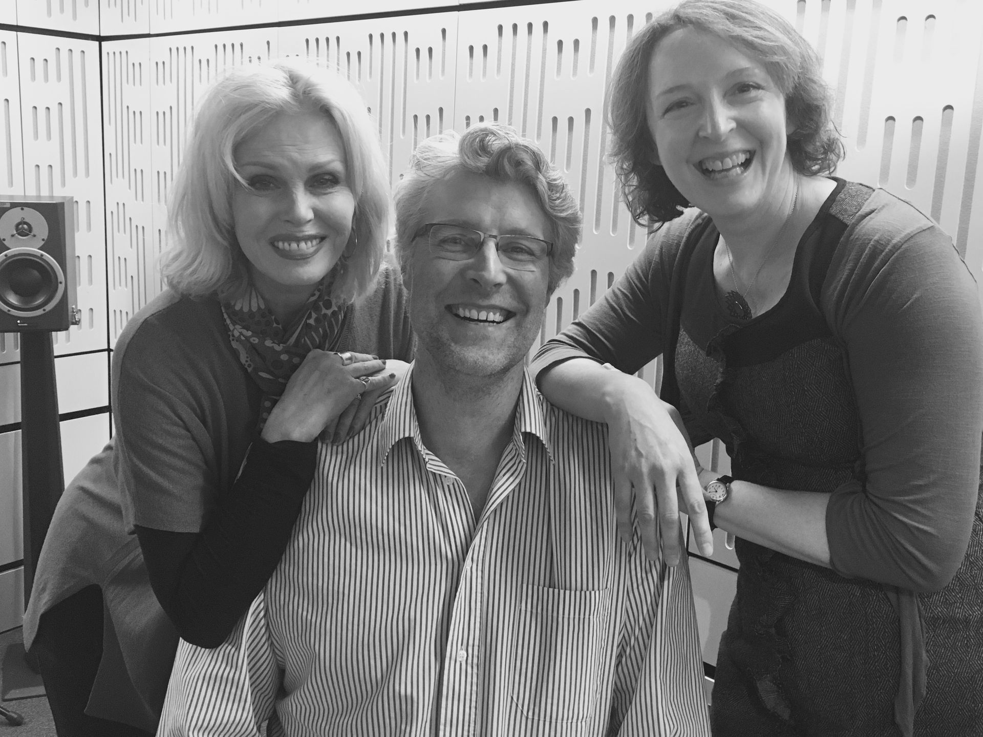 Joanna Lumley, Daniel Whibley and Rachel Whibley smiling in a studio
