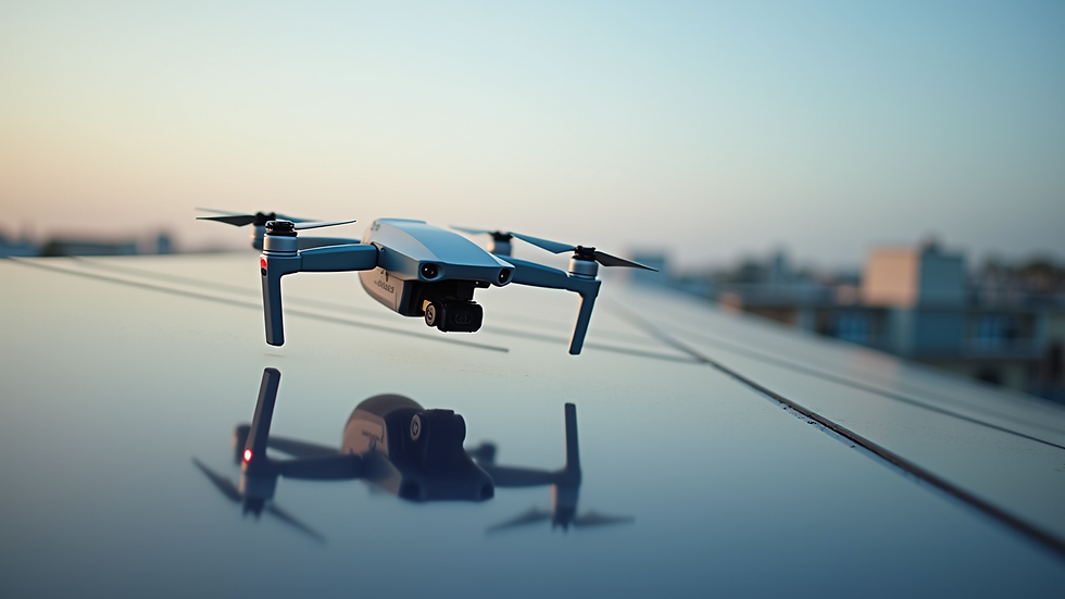 Close-up view of a drone inspecting solar panels on a rooftop