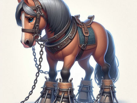 Paardenleed. Paard met klossen aan de voorhoeven en een ketting eromheen.