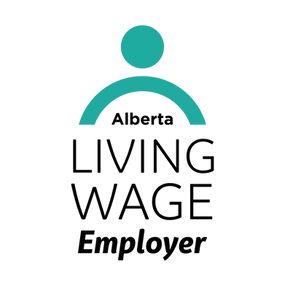 Alberta Living Wage Employer logo. A green circle over a green downwards curve representing a person.
