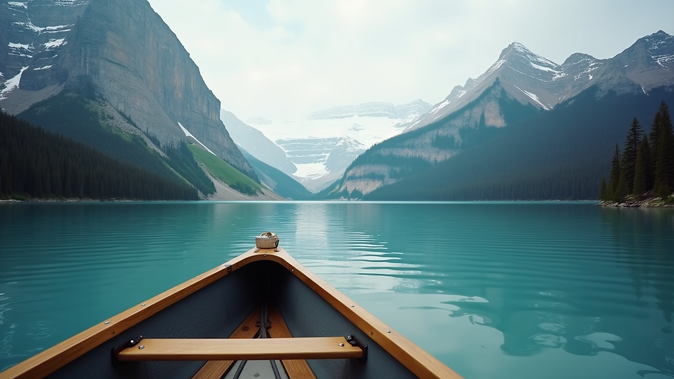 High angle view of a canoe on Lake Louise with mountain backdrop