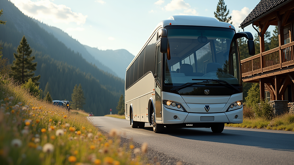 Eye-level view of a comfortable shuttle bus parked at a mountain lodge