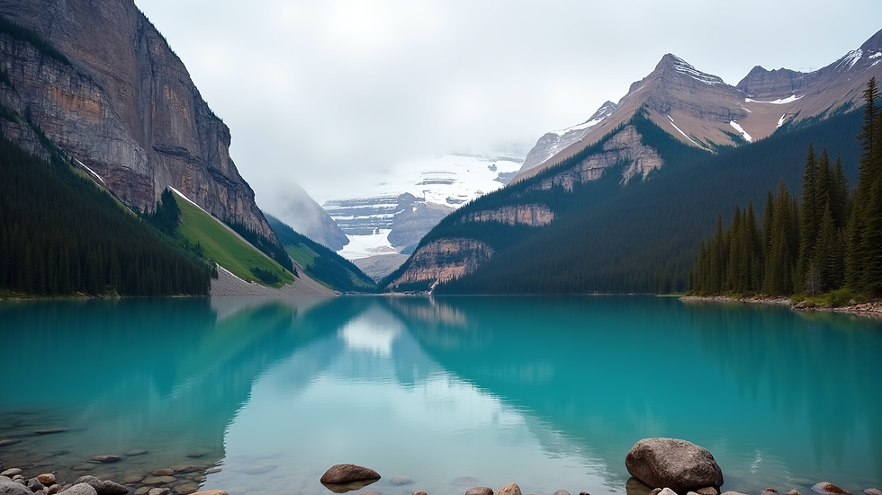 Wide angle view of Moraine Lake with turquoise water and mountain peaks