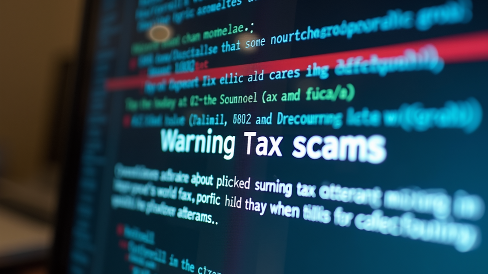 Close-up view of a computer screen displaying a warning about tax scams