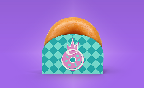 A glazed donut in a single serving donut holder. The sides of the holder have a checkerboard pattern in seafoam green with the companies logo in white and pink front and center.