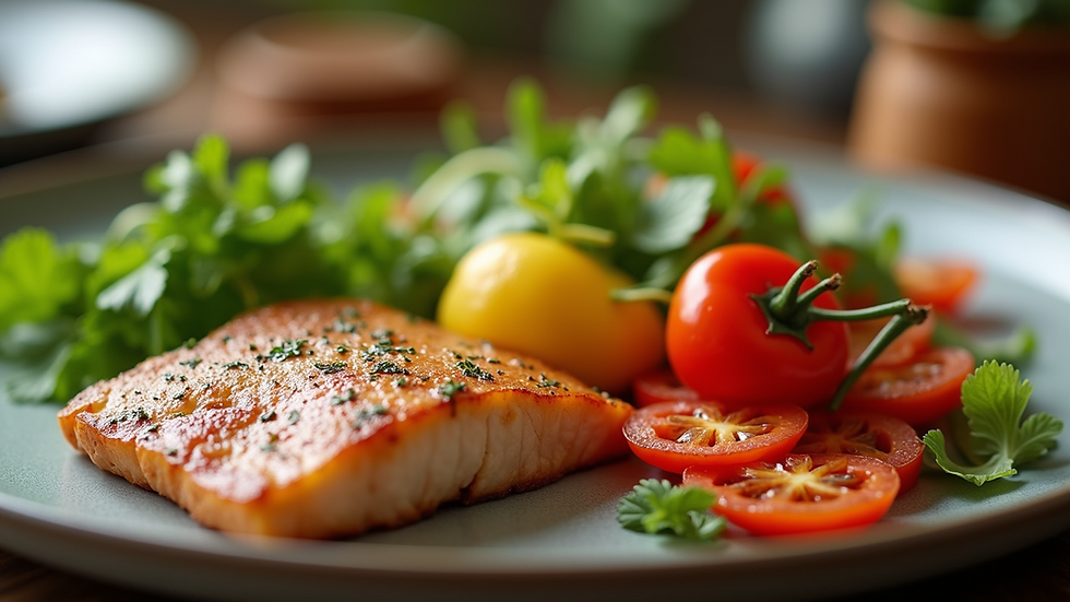 Close-up view of a healthy meal with colorful vegetables and lean protein