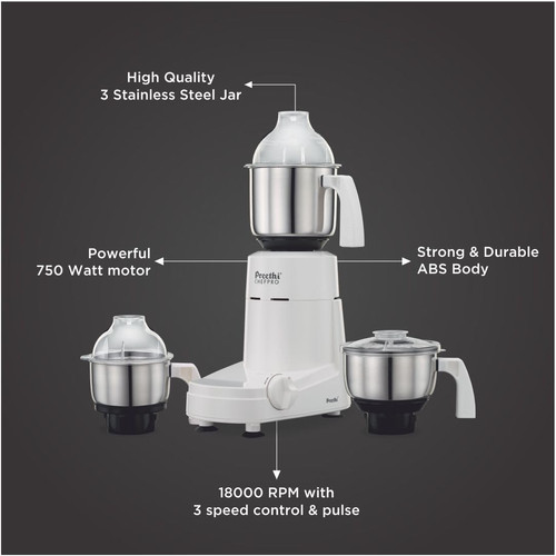 Preethi Eco Plus Mixer Grinder for Kitchen|750 Watt Mixie, jars