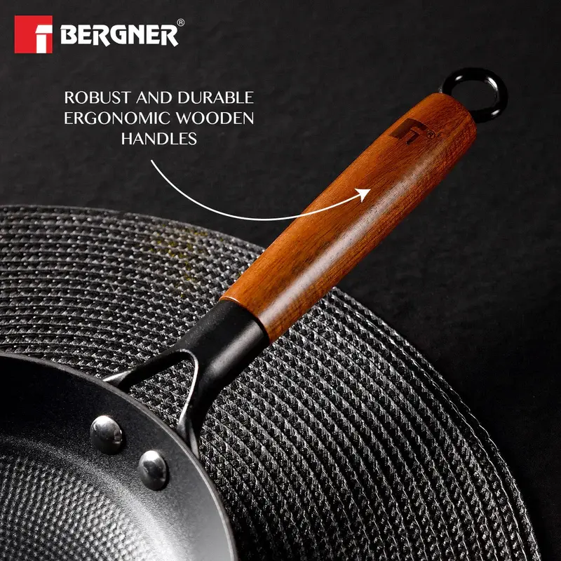 Thumbnail: Bergner Odin Lightweight Iron Frypan with Wooden Coated Handle Induction Bottom