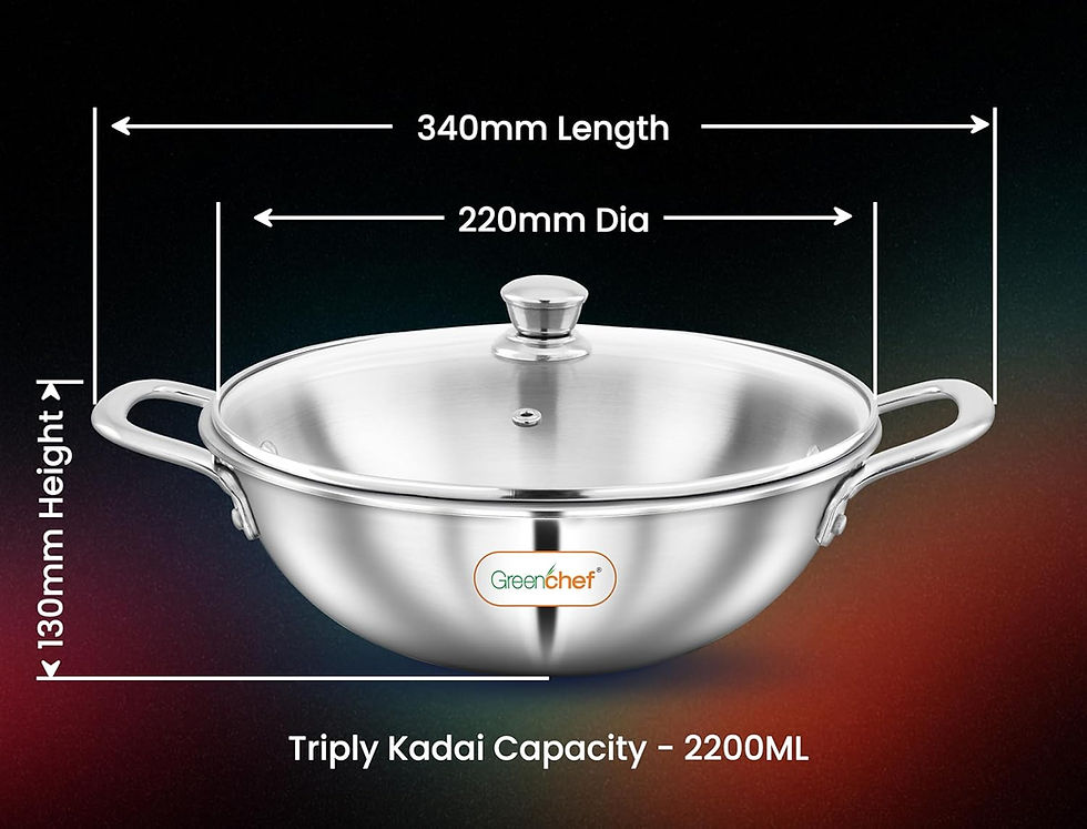 Thumbnail: GREENCHEF SS Tri ply Steel Crest - Kadai 22 cm with Glass Lid,