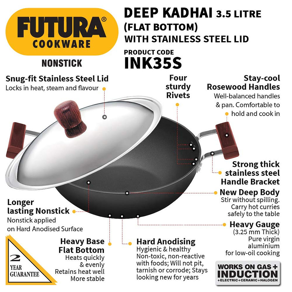 Thumbnail: Hawkins Futura 3.5 Litre Deep Kadhai, Non Stick Kadai with Stainless Steel Lid