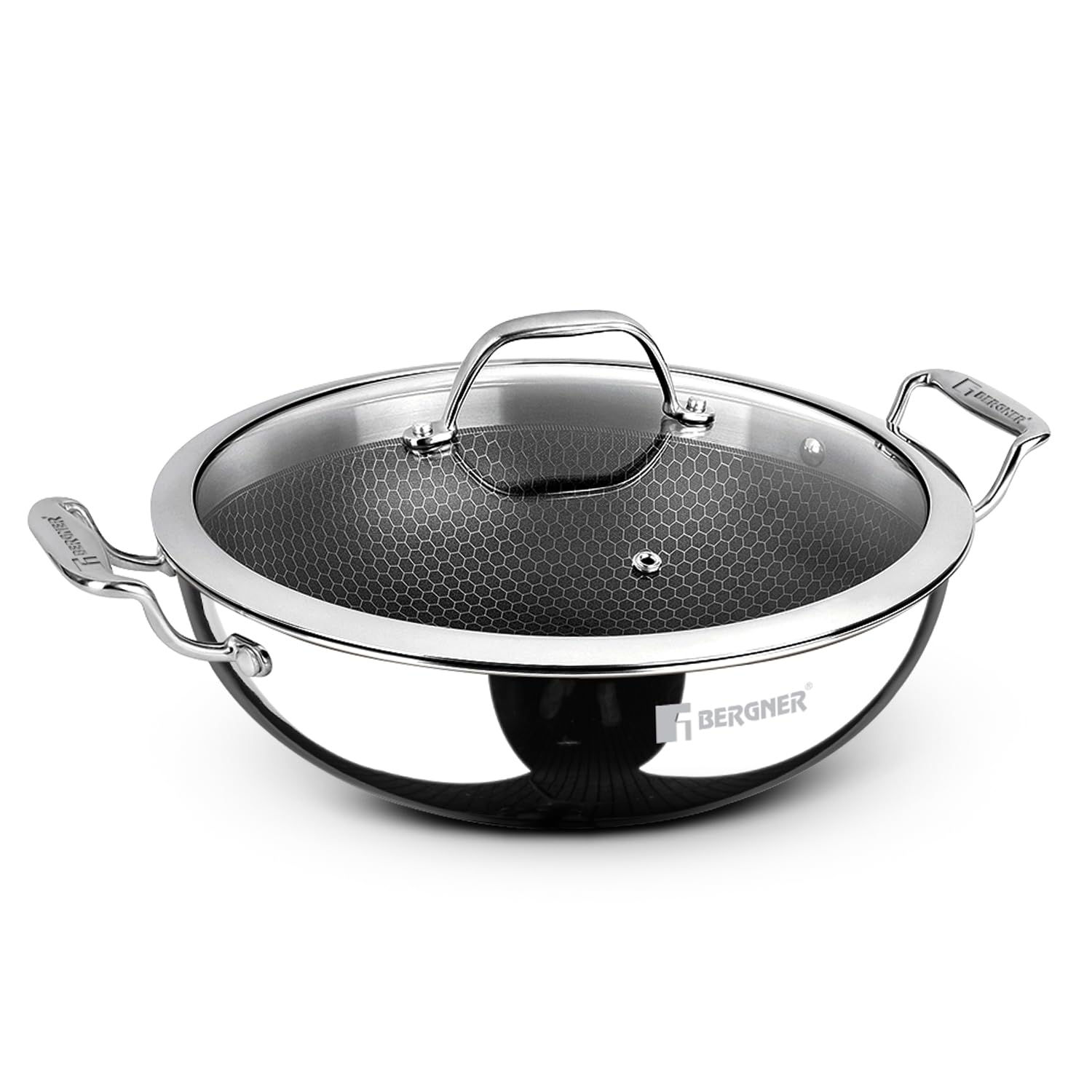 BERGNER Hi-Tech TriPly Stainless Steel 22cm (2.25 L) Kadai with Glass Lid