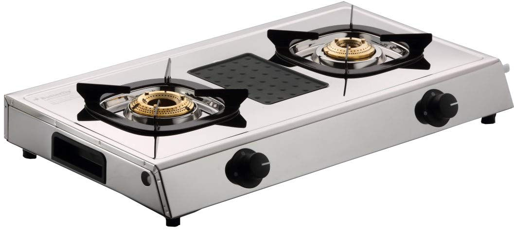 Butterfly Matchless 2 Burner Stainless Steel LPG Gas Stove, Silver, Manual