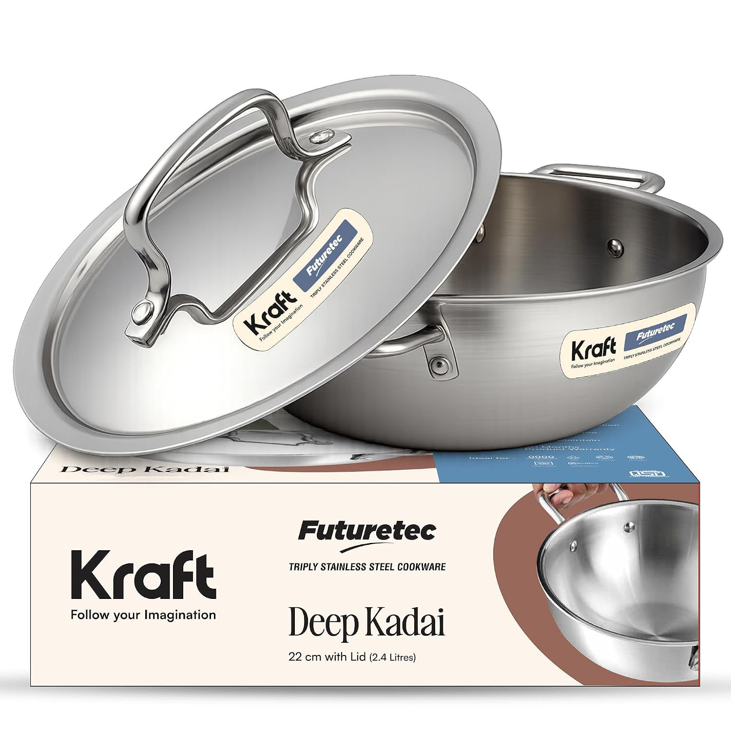Kraft Futuretec Triply Stainless Steel Kadai with Lid ā 2.4 Litre (22 cm)