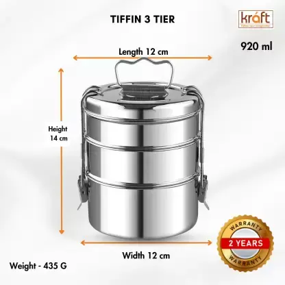 Thumbnail: Kraft Stainless Steel Tiffin Box 6*3 3 Containers Lunch Box  (920 ml, Thermoware