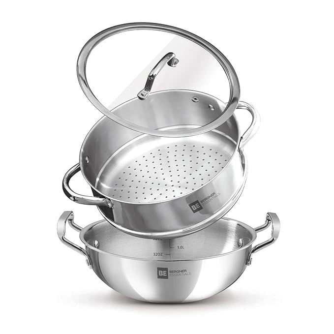 Bgin-6213 BERGNER Multi Purpose Tri Ply Kadai With Steamer And Glass Lid Steamer