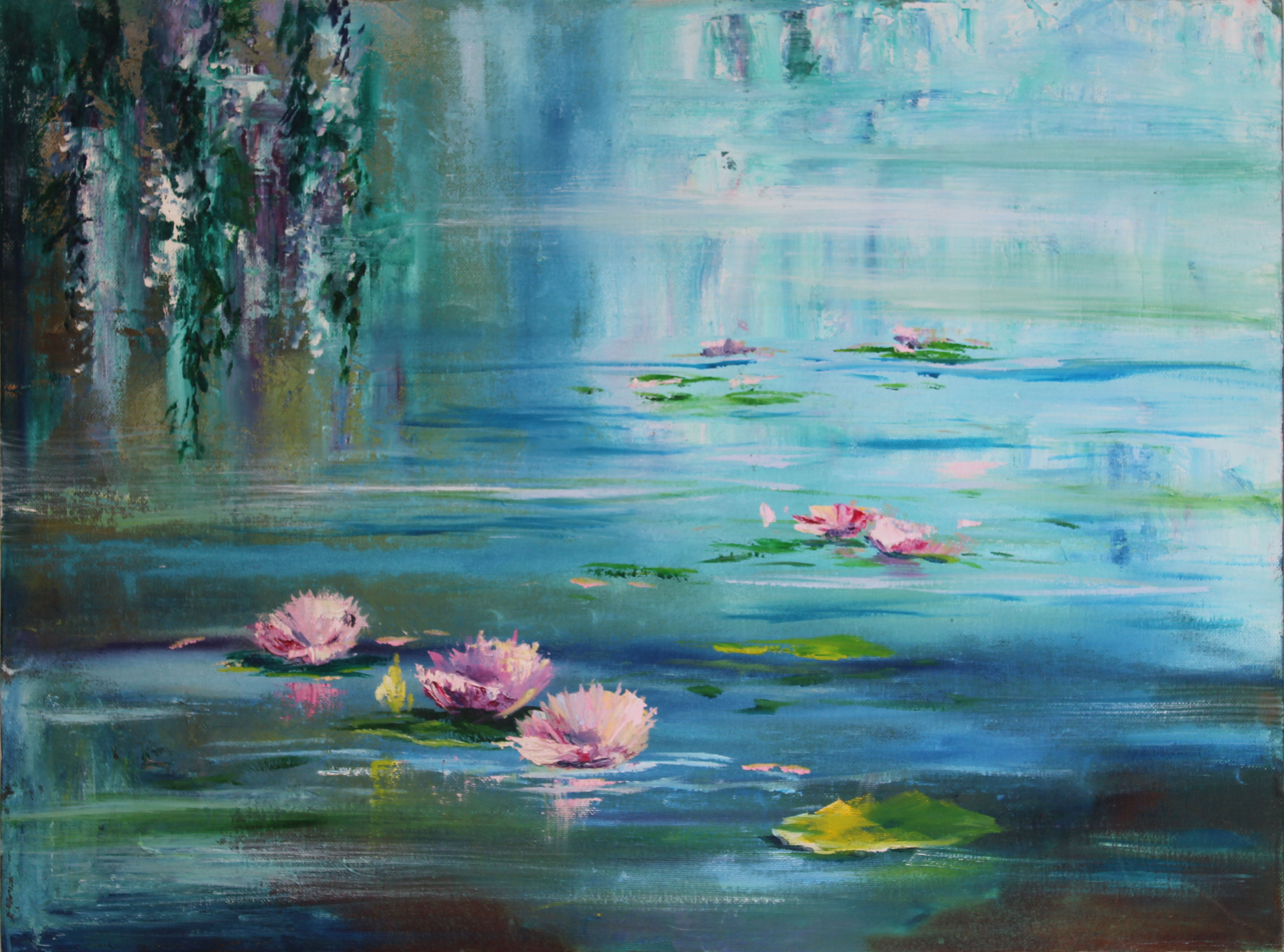 AK1569 A Dance of Water Lilies on Blue | Oil Painting