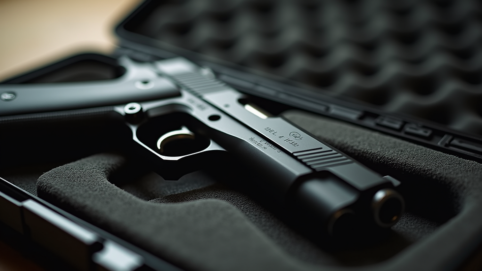 Close-up view of a handgun resting safely in a locked case