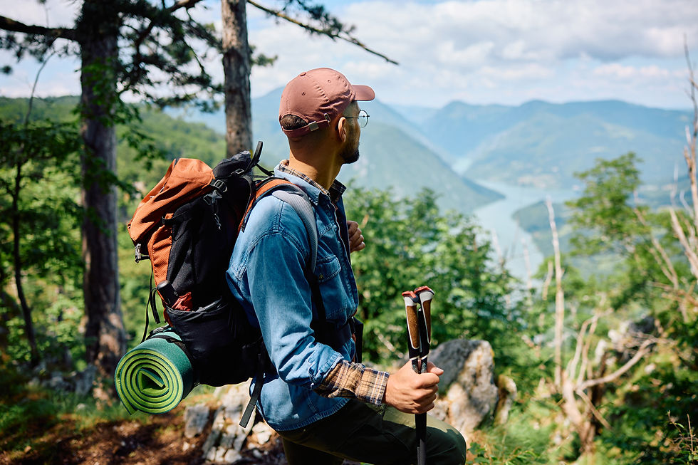 A young adventurer stares out into the horizon with beautiful mountains and foliage while carrying a hiking backpack and walking sticks.