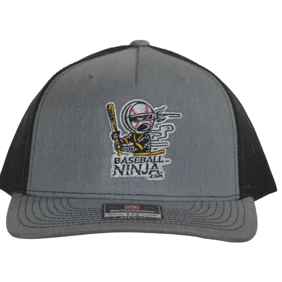 Gray Richardson 112 snapback hat with a black mesh back and a white embroidered Baseball Ninja logo on the front