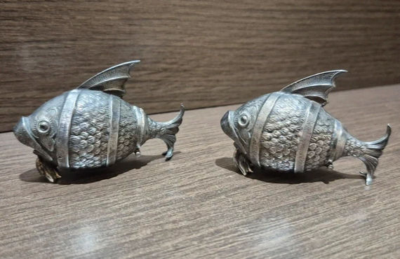 Miniature : Salière Poivrière Poisson Argent Massif XIXeme