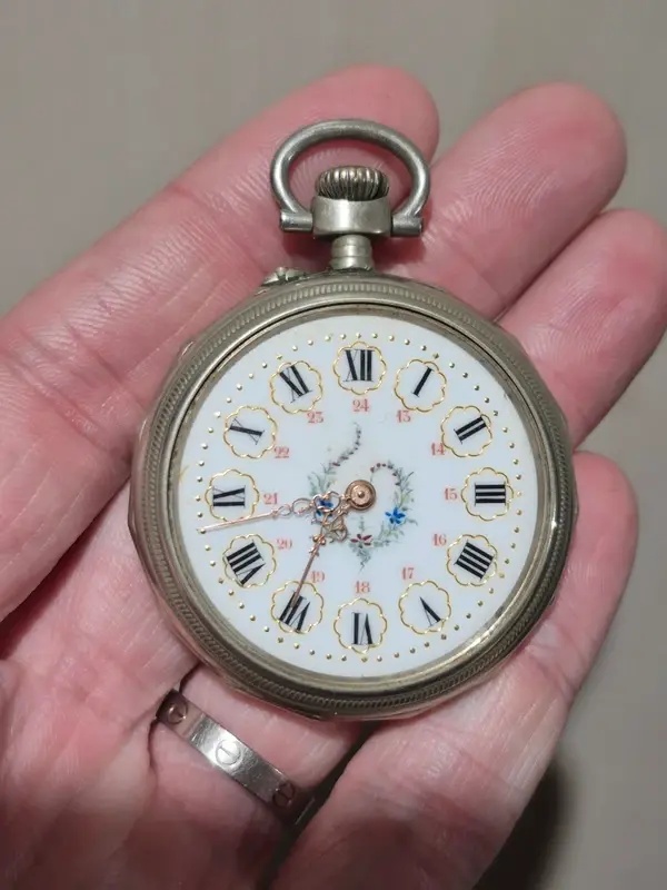 Thumbnail: Montre A Gousset Ancienne Argent Massif Cadran Émaillé
