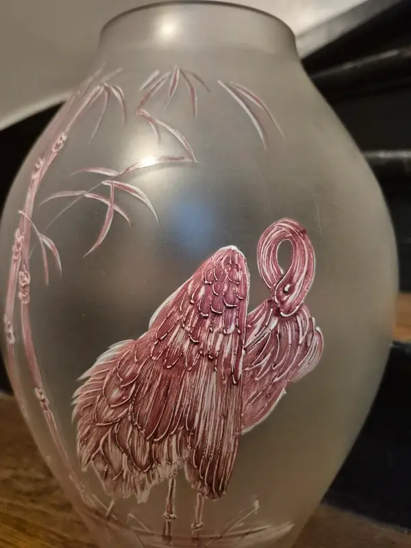 Miniature : Grand Vase Verre Émaillé Ancien Japon Héron Bambou
