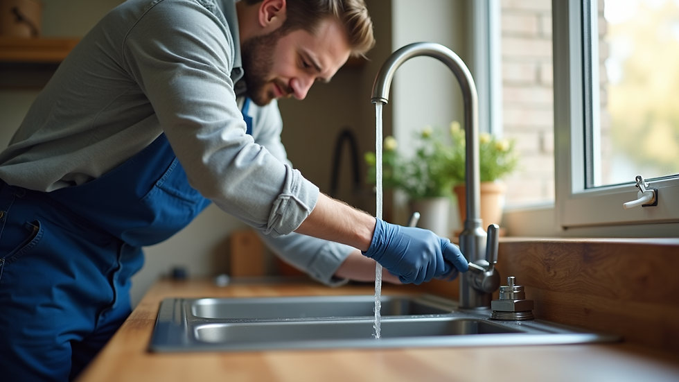 Close-up view of a plumber fixing a leaking faucet in a residential kitchen