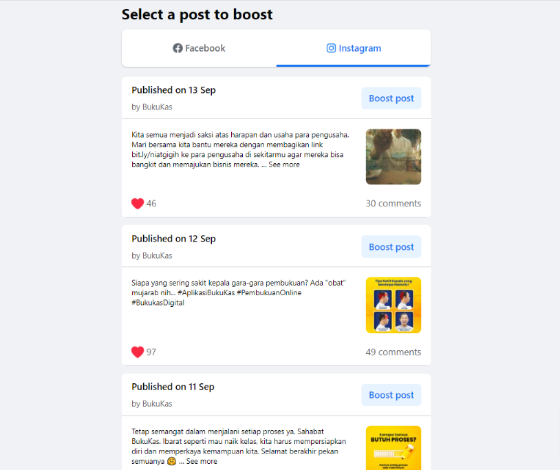 Pilih konten yang mau diiklankan (jika tujuannya "Boost a Post")