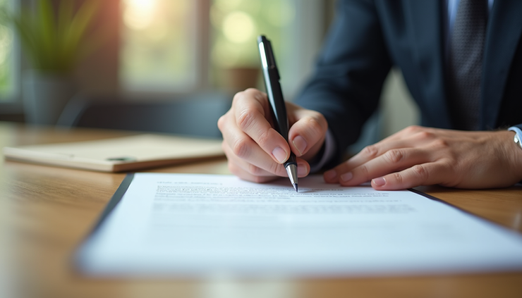Close-up view of a contract being signed with a pen on a wooden table