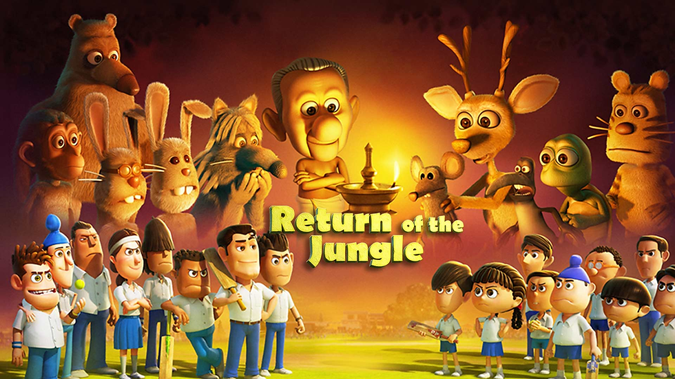 Animated jungle poster with animals and schoolkids around a glowing lamp; title reads Return of the Jungle.