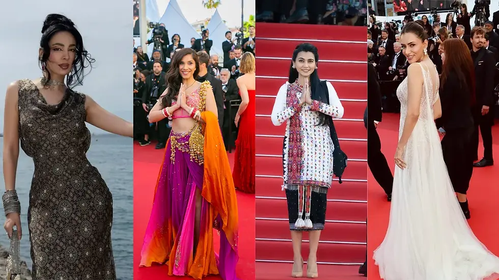 Four women in elegant dresses pose on a red carpet and an outdoor setting. The attire features vibrant colors and patterns. Crowd in background.