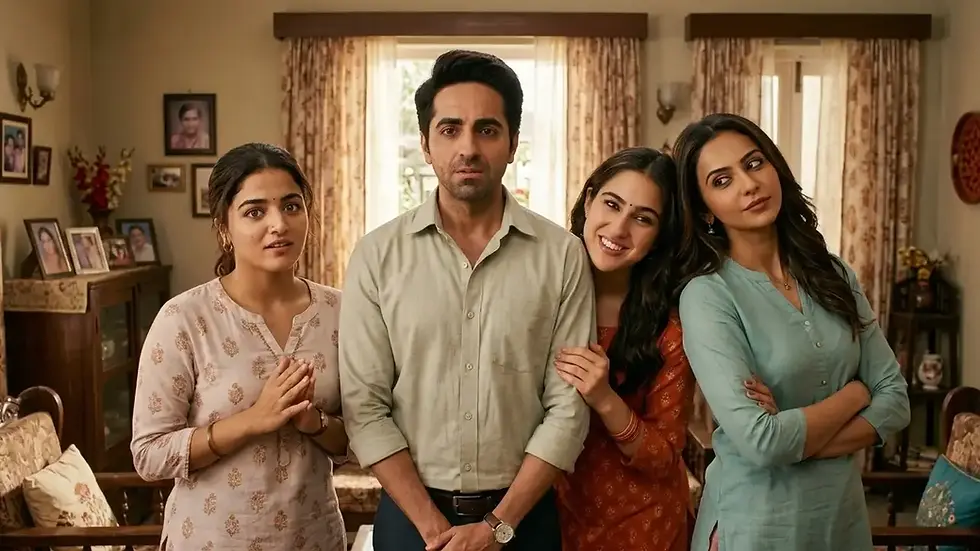 Four people stand in a cozy living room, three women smiling around a concerned man. Floral patterns and warm colors create a homely vibe.