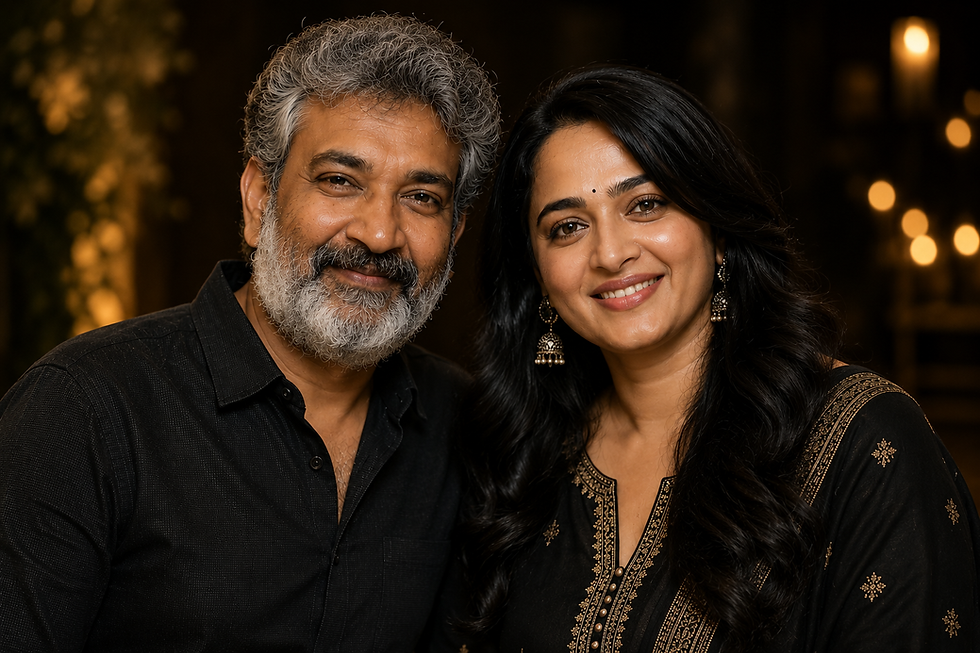 Smiling Indian couple in black outfits posed close together against a dark, warm bokeh background