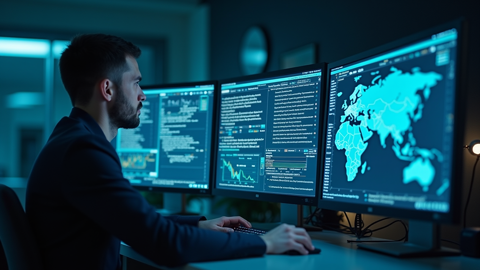 Vista a nivel de ojo de un técnico revisando pantallas con gráficos de seguridad cibernética