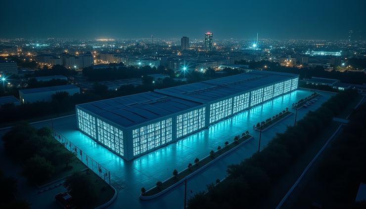 Vista aérea de un centro de datos en México con luces encendidas