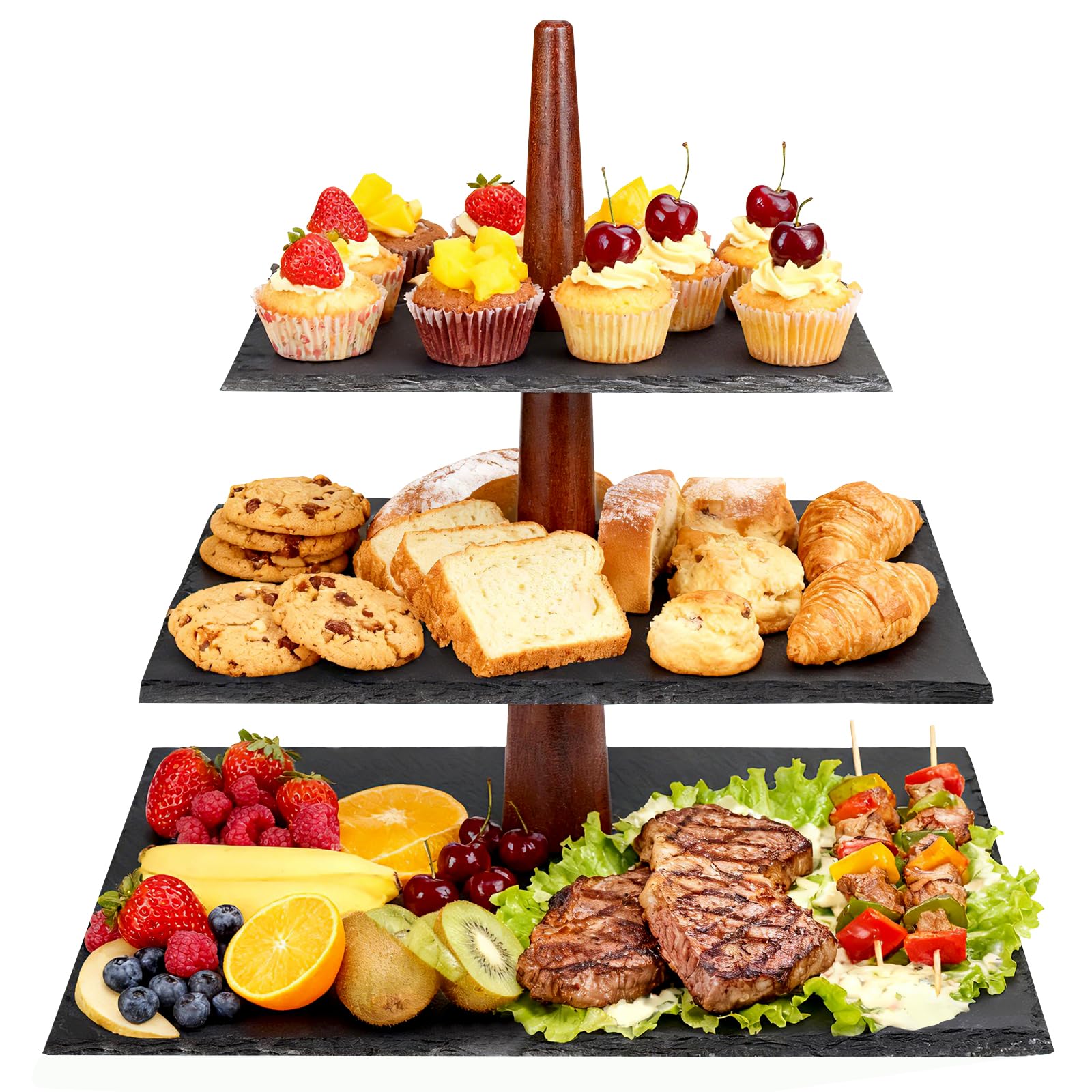 Slate 3 Tier Slate and Wood Platter platters and service items rental for weddings, showers, birthdays and corporate events
