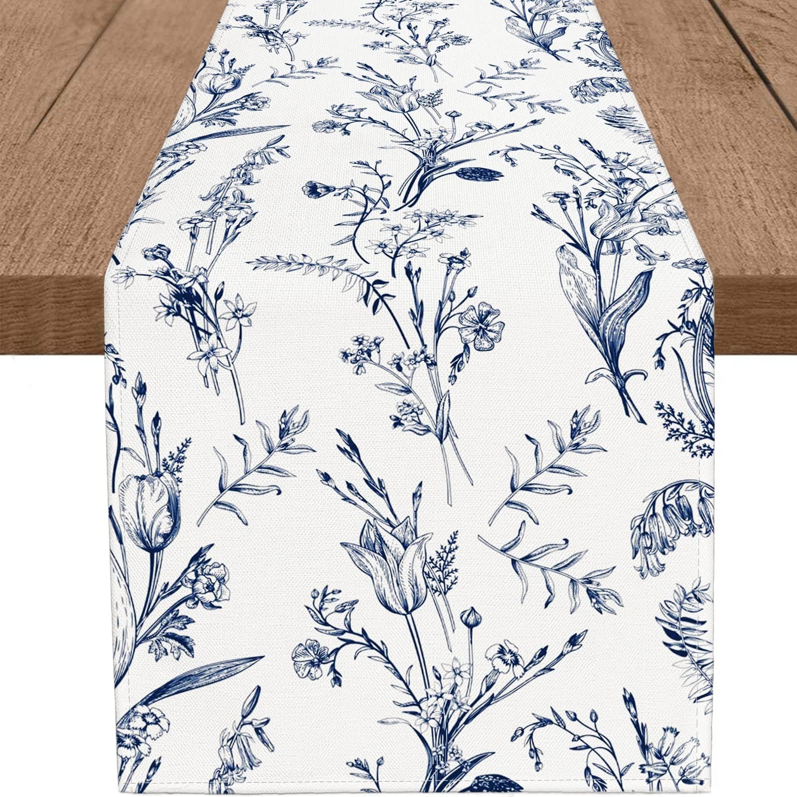 White and French Blue FLoral Table Runner linens rental for weddings, showers, birthdays and corporate events