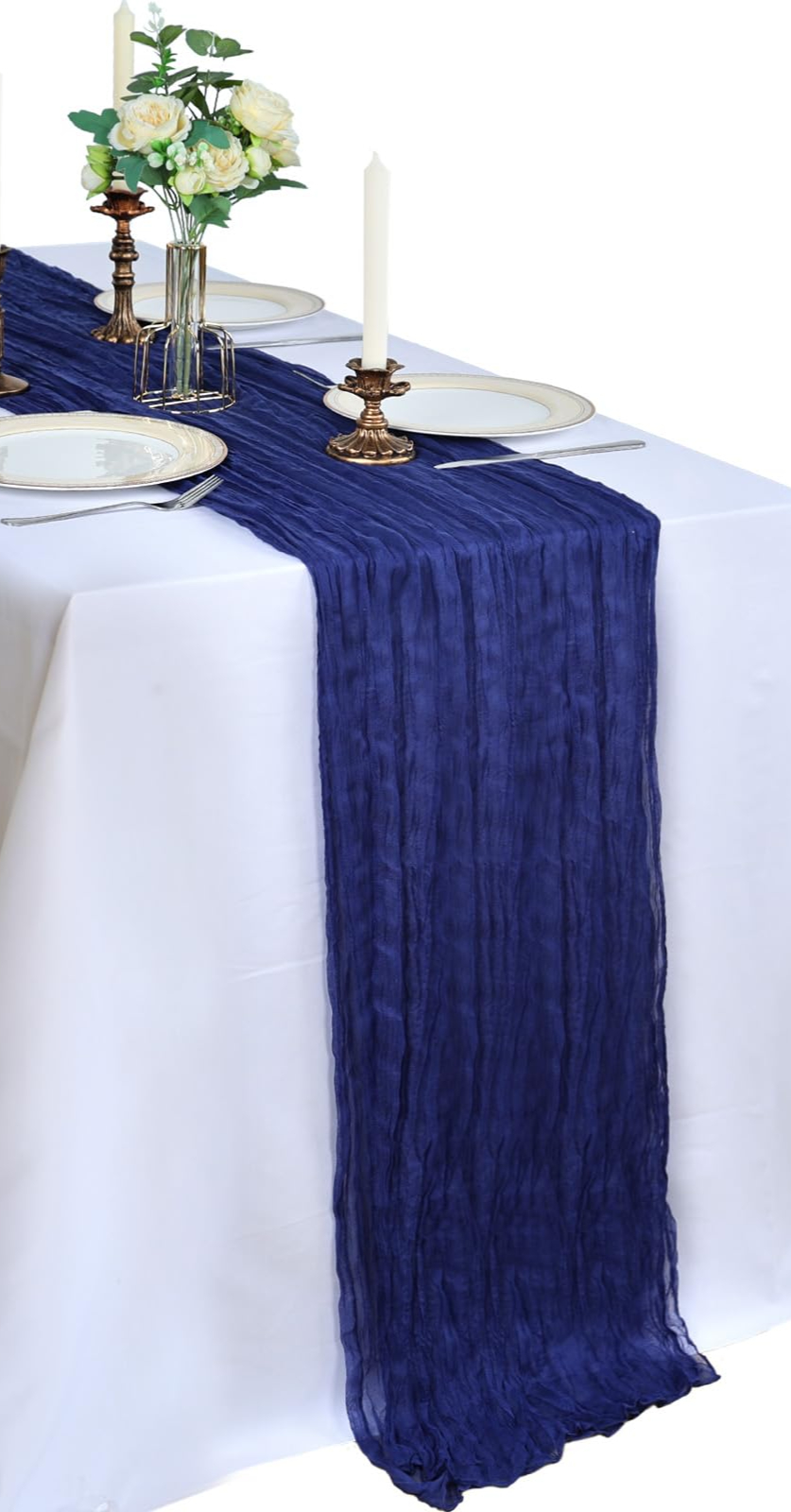 Blue Navy Cheesecloth Table Runner and Swag linens rental for weddings, showers, birthdays and corporate events