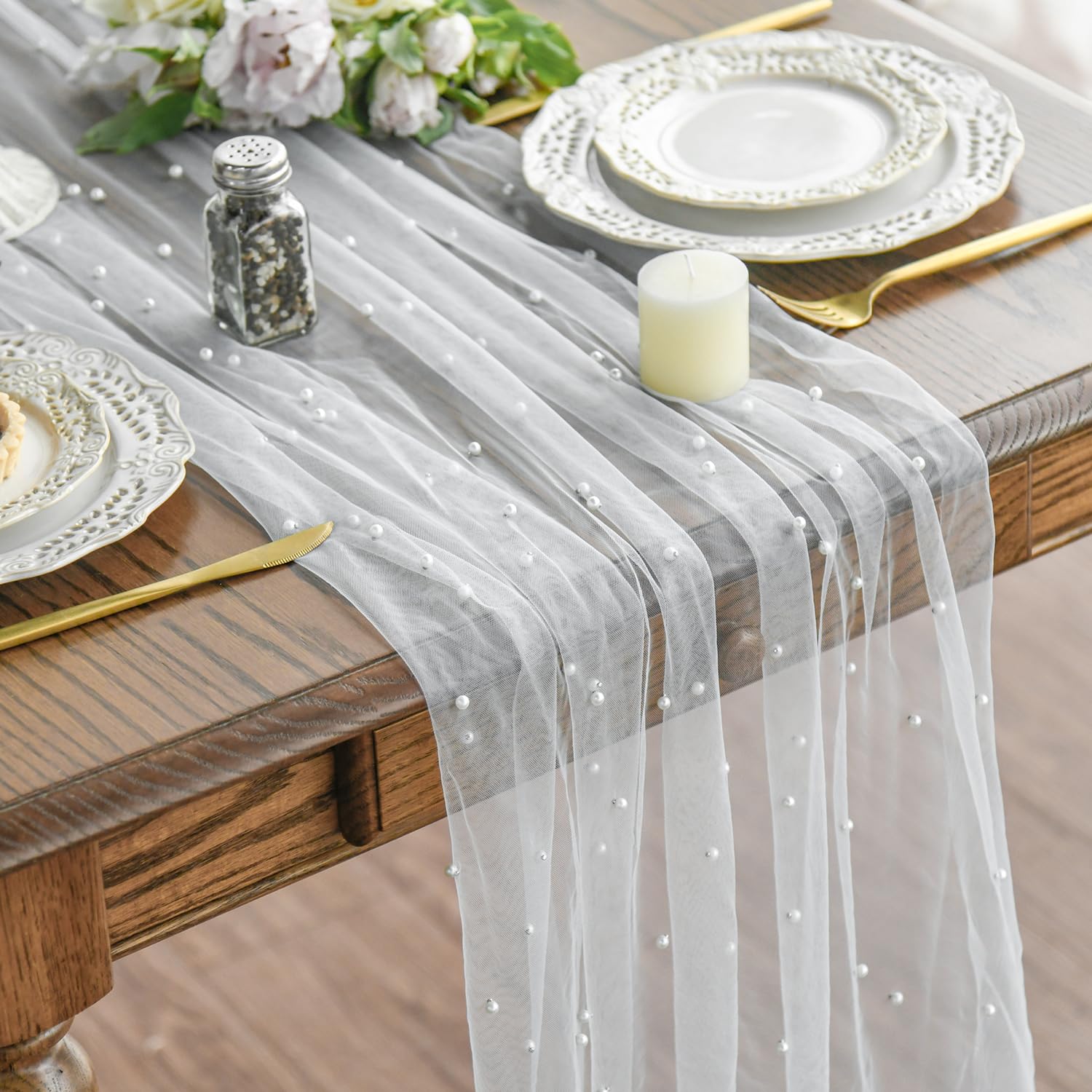 Blue Light Pearl Table Runner and Swag linens rental for weddings, showers, birthdays and corporate events