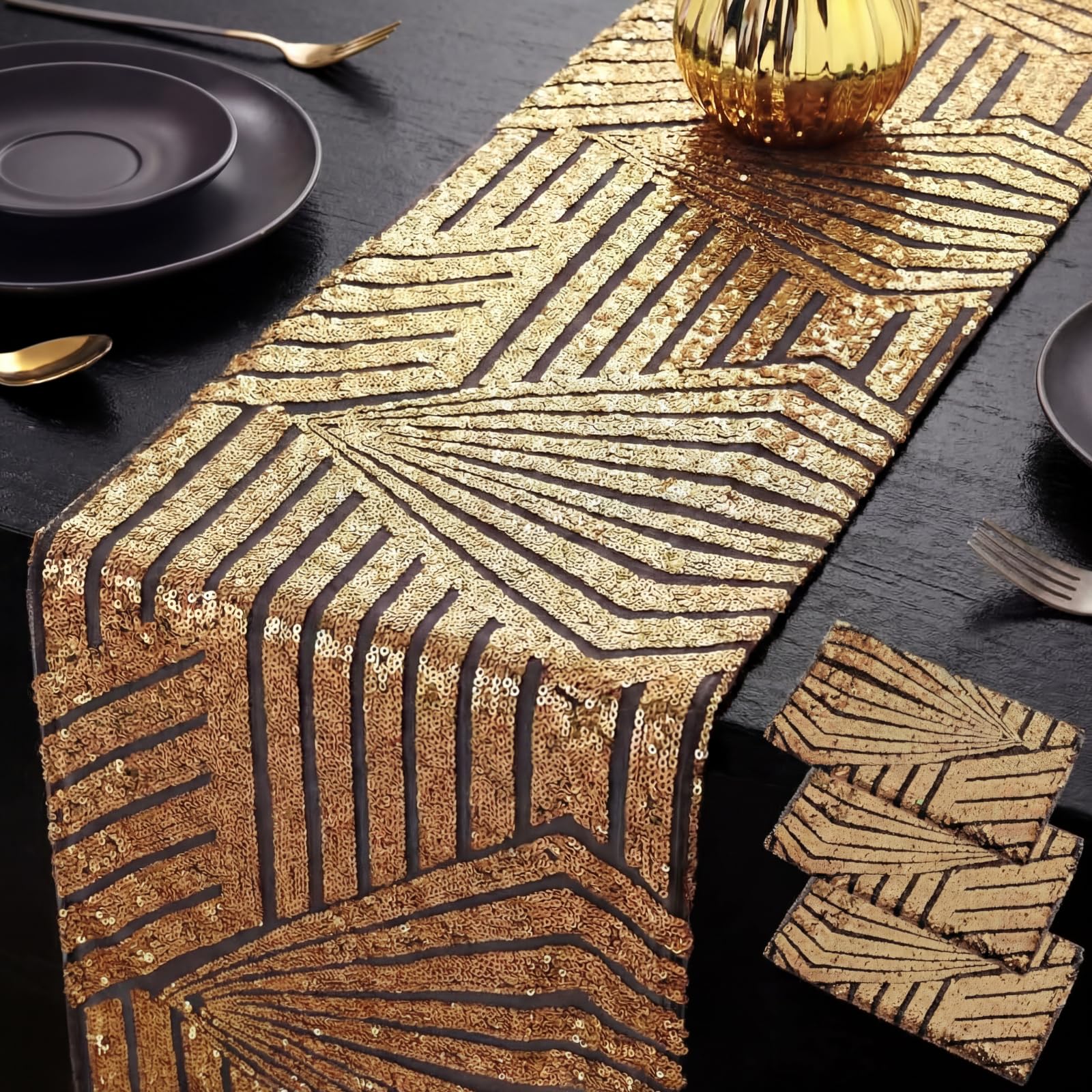 Black Gold and Art Deco Table Runner and Swag linens rental for weddings, showers, birthdays and corporate events