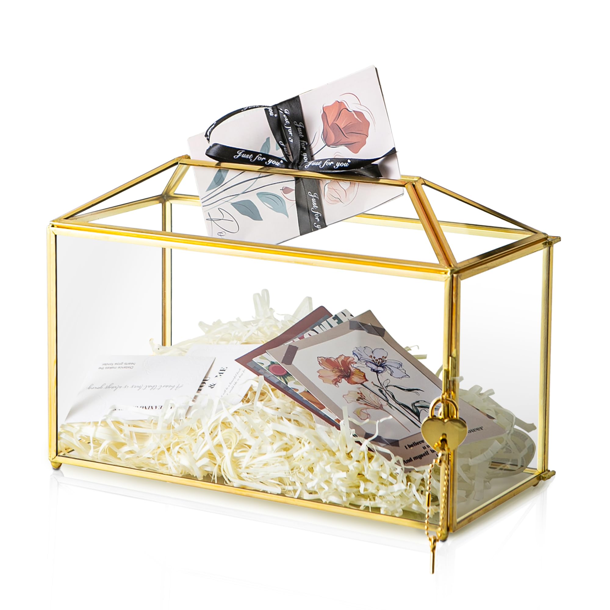 Gold Tent Style Glass Card Box card boxes rental for weddings, showers, birthdays and corporate events