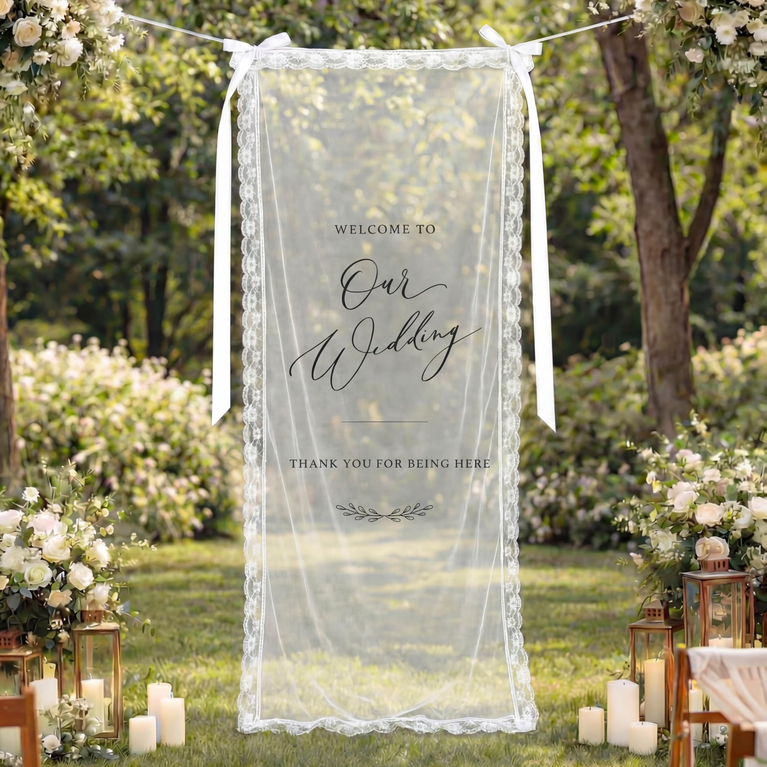 Hanging Welcome Sign linens rental for weddings, showers, birthdays and corporate events