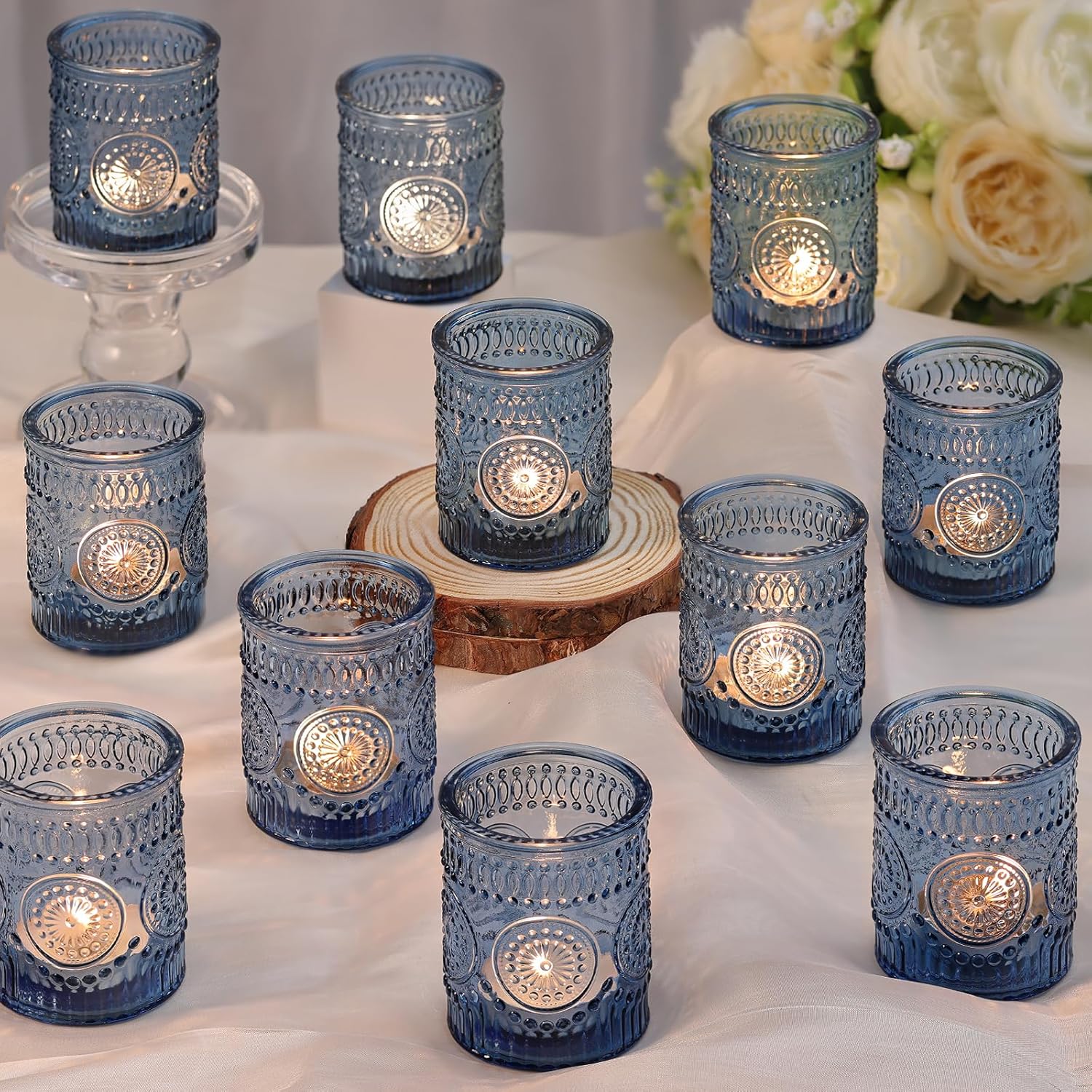 Blue Patterned Votives candle holders rental for weddings, showers, birthdays and corporate events