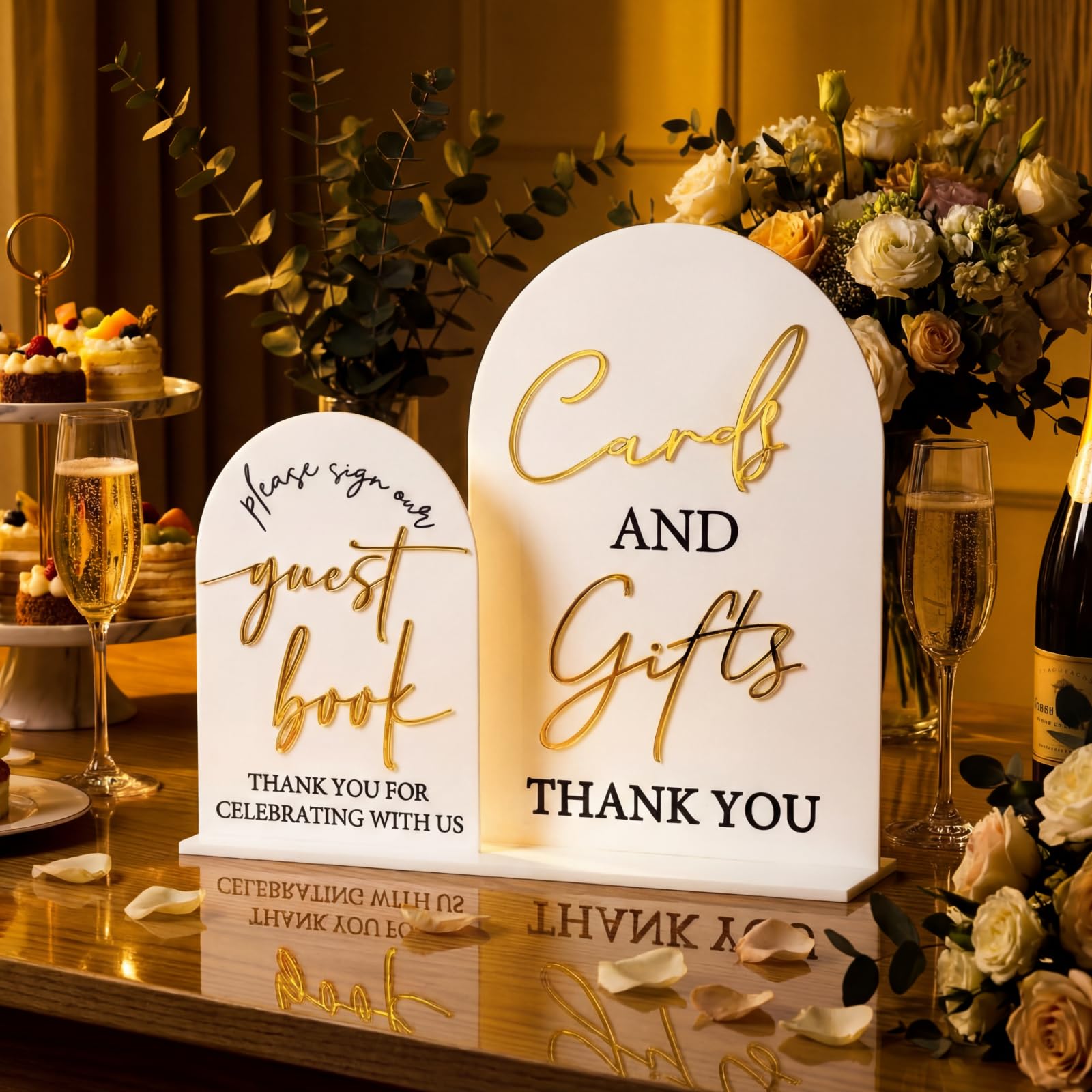 White Guest Book and Card Table Sign (Gold and White Acrylic, ) signage rental for weddings, showers, birthdays and corporate events