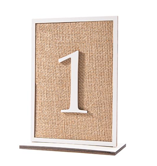 White Burlap and White Wood Table Numbers (1-20) table numbers rental for weddings, showers, birthdays and corporate events