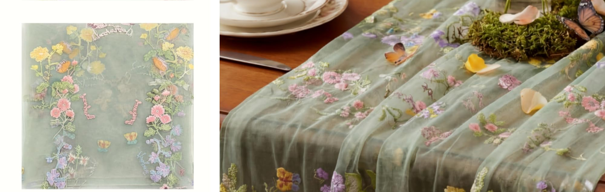 Sage Floral Embroidered Table Runner and Swag linens rental for weddings, showers, birthdays and corporate events